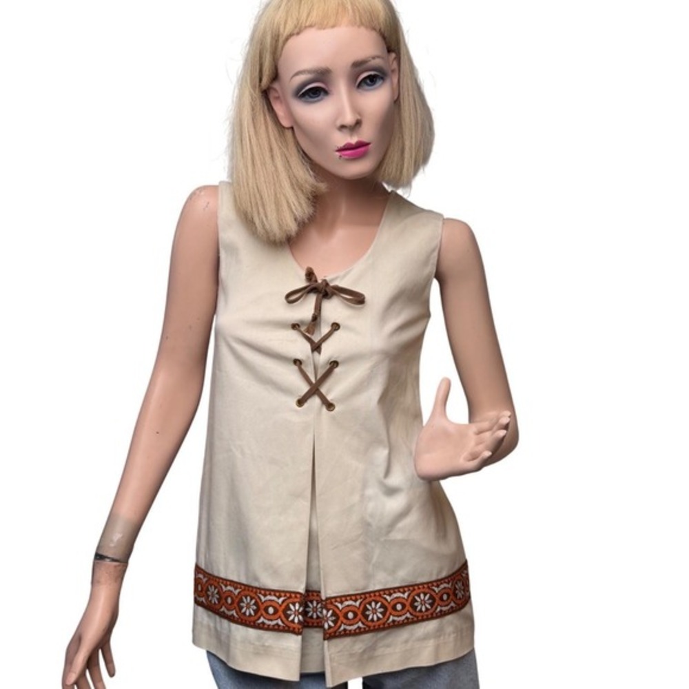 Sears Vintage 70's Tunic Perma Prest Cream Lace Up Embroidered Folk Trim  Xsmall